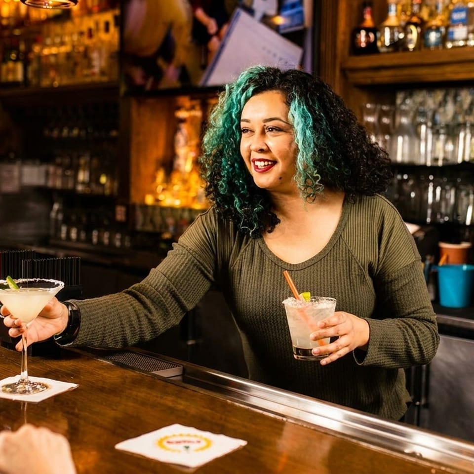 A smiling bartender with teal-streaked hair serves a margarita to a customer at a lively bar.